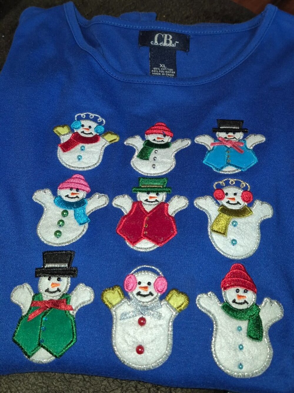 CB Casual Royal Blue Crew Neck 3/4 Sleeve Top Embroidered Snowmen Womens Size XL